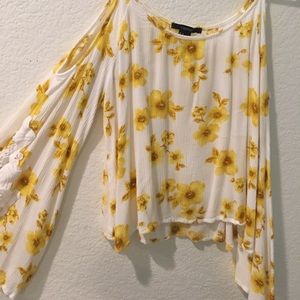 Cold shoulder yellow flower top with bell sleeves